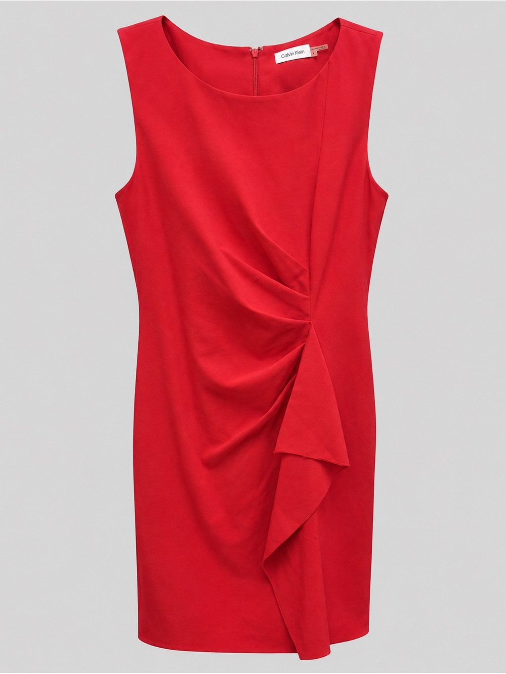 Calvin Klein Red Sleeveless Sheath Dress with Side Ruffle
